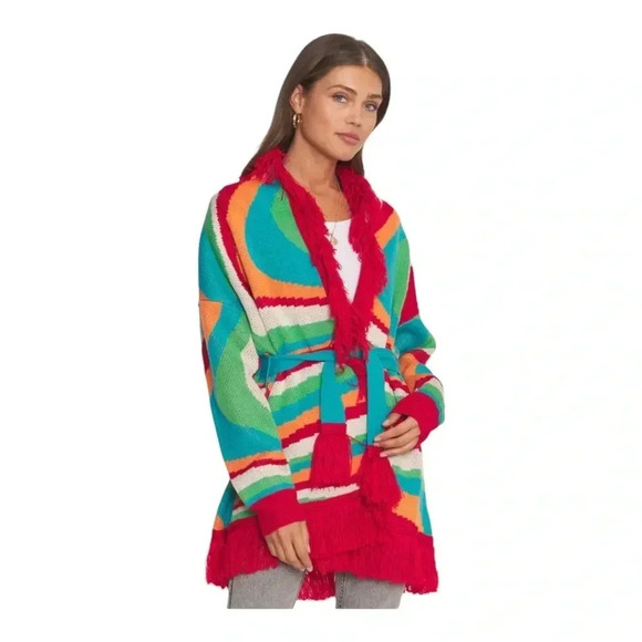 Dee Elly Print Red Fringe Long Open Cardigan Women’s size Small - Picture 1 of 14